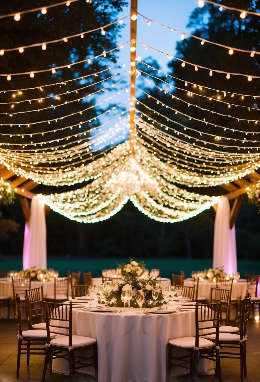 A canopy of twinkling lights hangs over the head table, casting a warm and romantic glow over the wedding reception