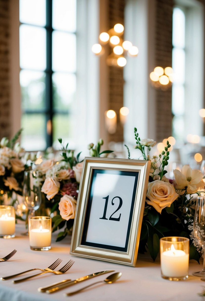 A table adorned with elegant frames, each displaying a unique number, surrounded by floral centerpieces and flickering candlelight