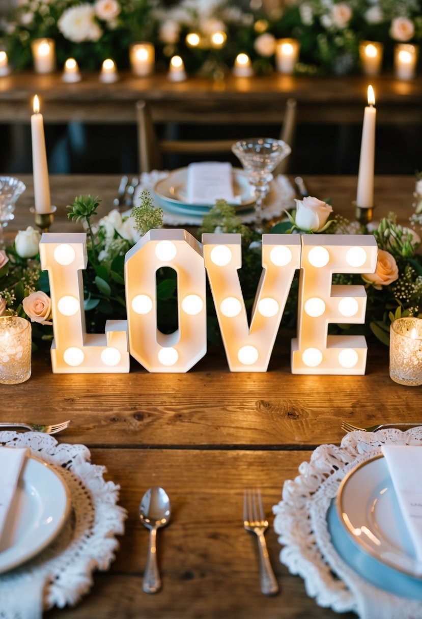 Light-up marquee letters spell out "LOVE" on a rustic wooden table, surrounded by delicate floral arrangements and flickering candles