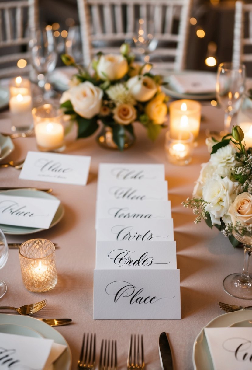 Elegant calligraphy place cards arranged on a beautifully set wedding table, surrounded by delicate floral centerpieces and glowing candlelight