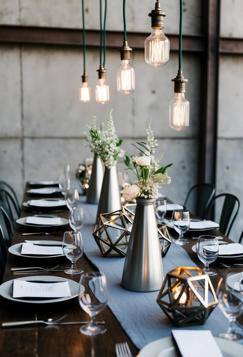 An industrial wedding table adorned with metallic vases, exposed light bulbs, and geometric centerpieces, set against a backdrop of concrete and metal accents