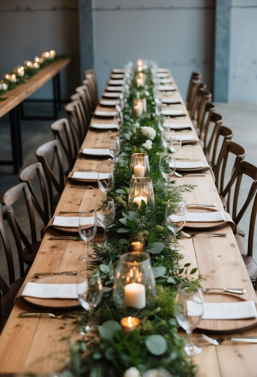 Long wooden tables adorned with lush greenery runners create an industrial wedding table decoration