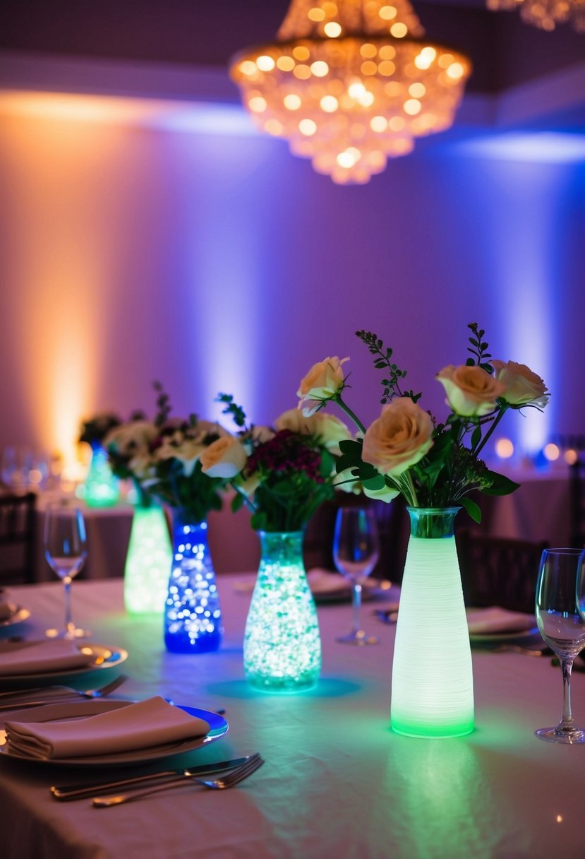 LED-lit vases illuminate a wedding table, casting a colorful glow on the surrounding decor