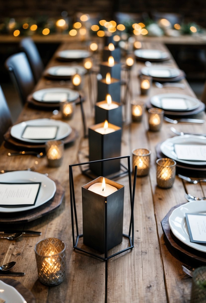 Several geometric metal candle holders arranged on a rustic wooden table, surrounded by industrial-themed wedding decor