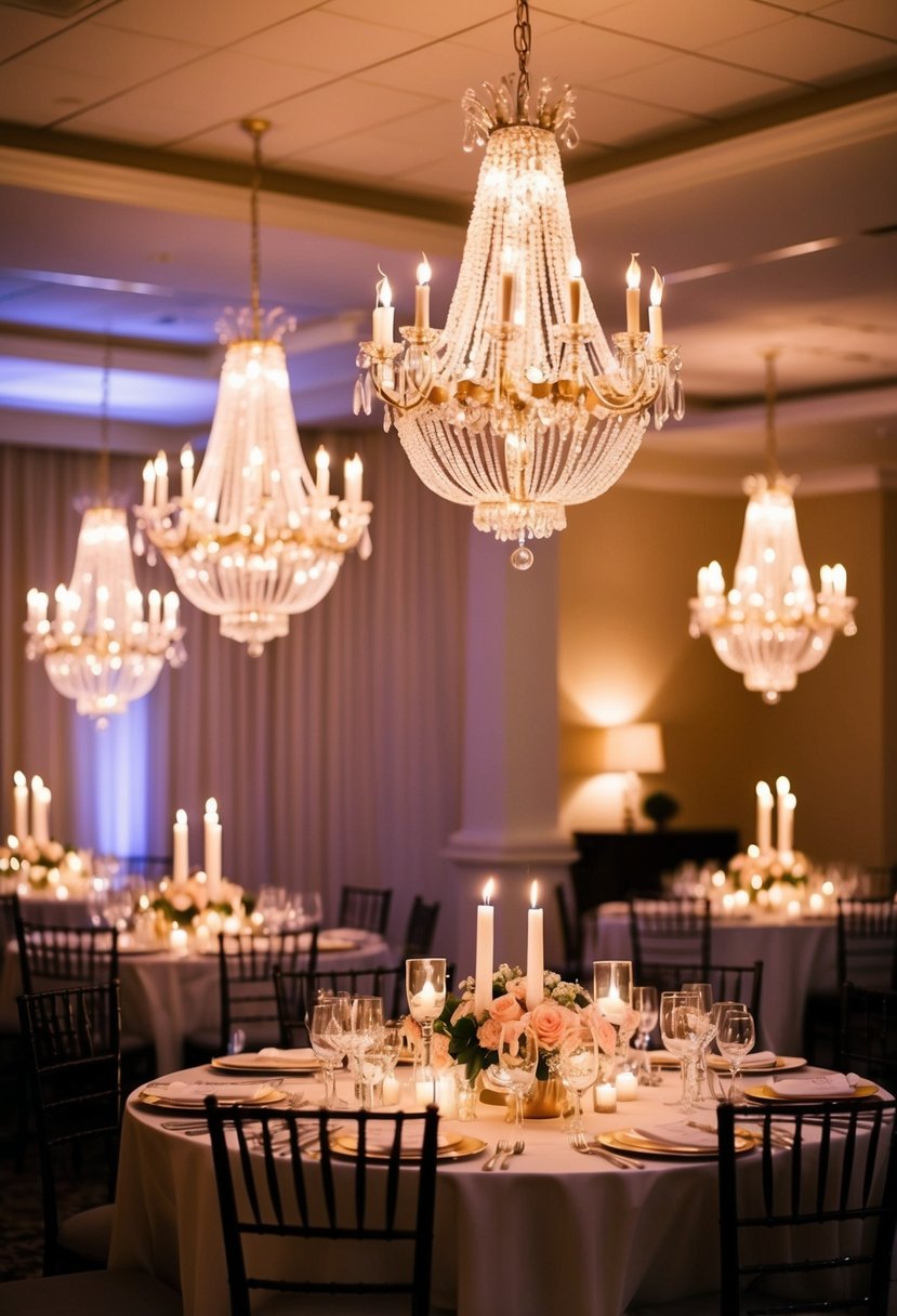 Candlelit chandeliers illuminate an elegant wedding table, casting a warm and sophisticated glow over the decor