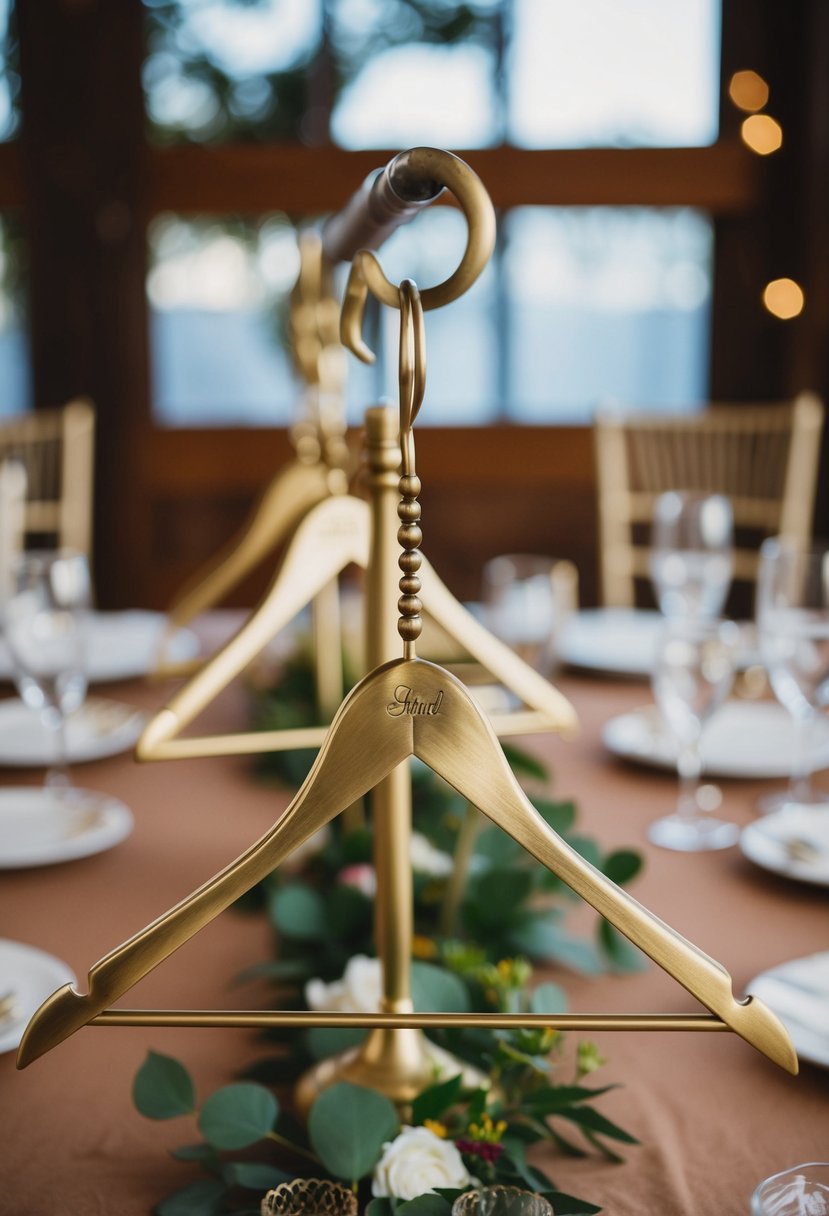 Elegant brass himmeli hangers adorn a rustic wedding table