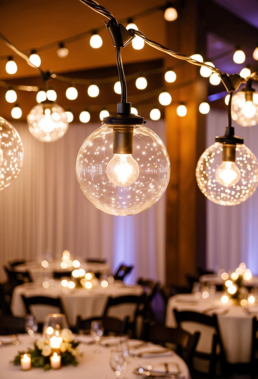 Globe string lights drape over a wedding table, casting a warm and playful glow on the decorations