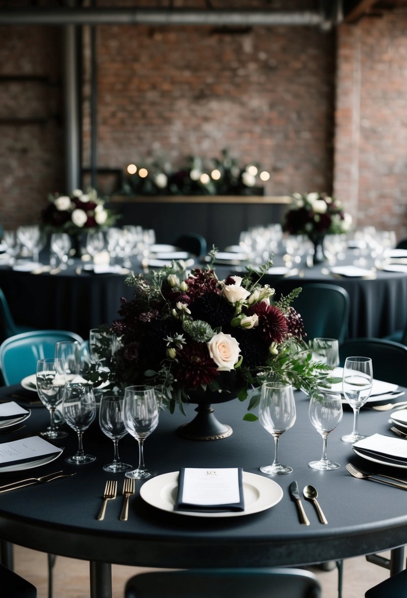 Dark floral centerpieces on industrial wedding tables