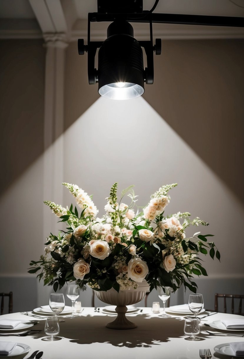 A spotlight shines on a table with elegant floral arrangements, casting dramatic shadows