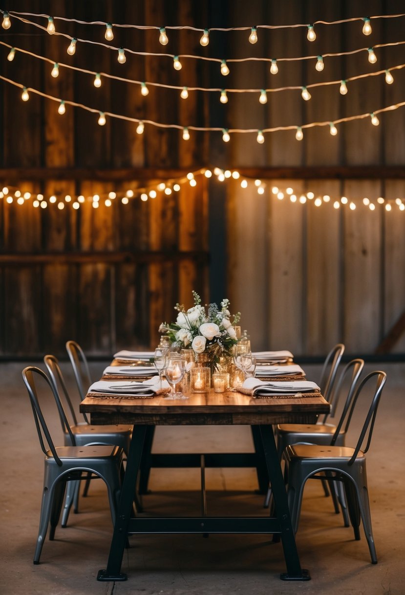 Warm string lights draped over rustic industrial wedding table