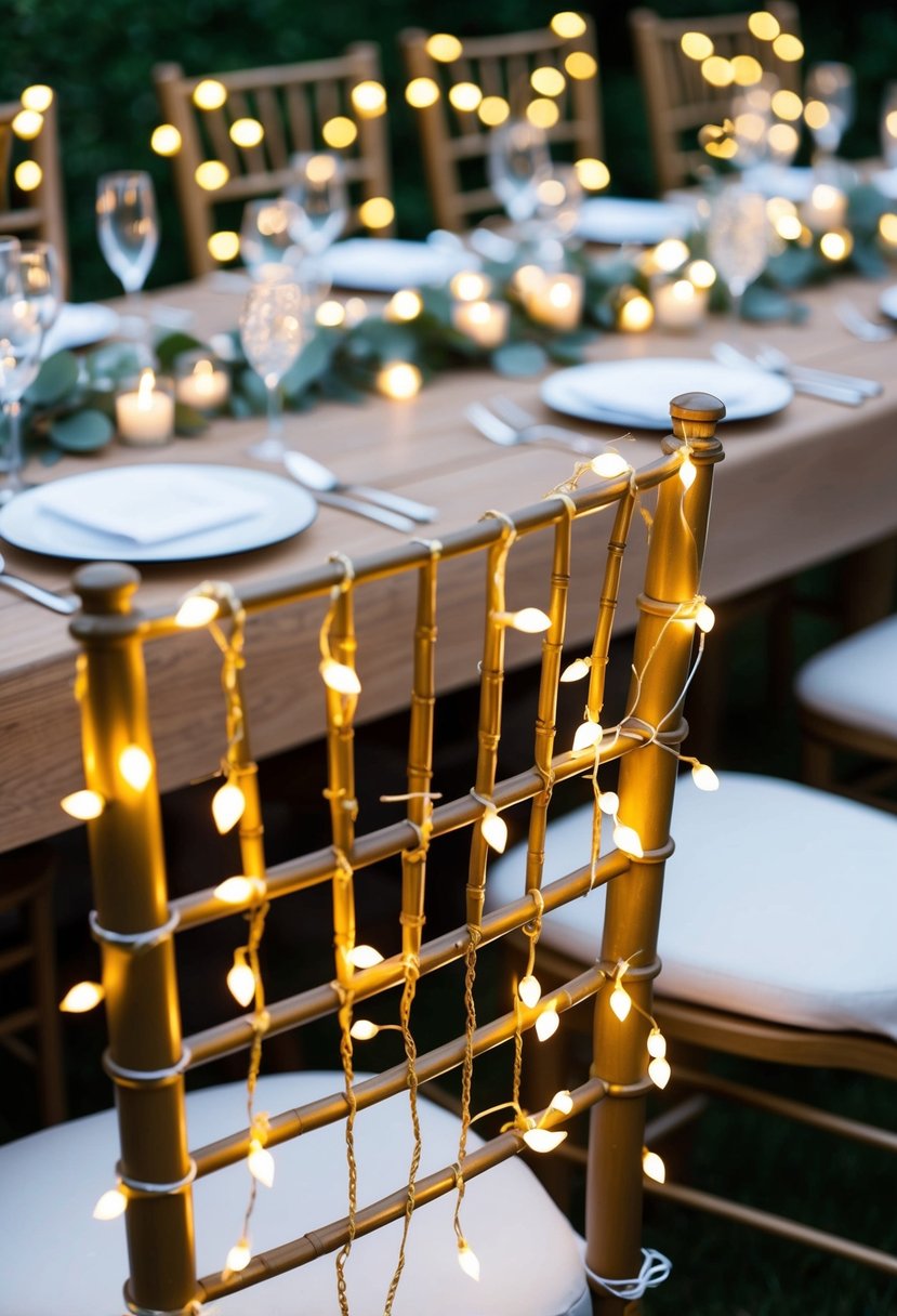 Fairy lights woven into chair garlands illuminate wedding table decor