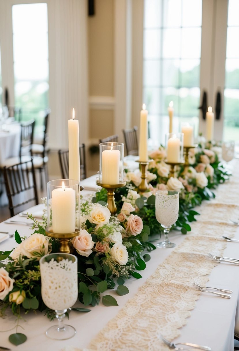 A table adorned with cascading floral centerpieces, elegant candle holders, and delicate lace table runners