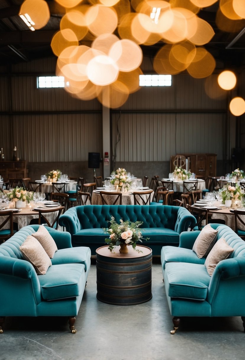 Vintage couches arranged around industrial wedding tables adorned with unique decorations