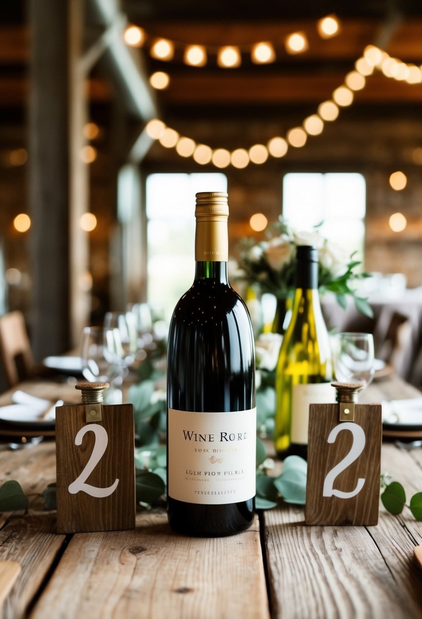 A rustic wooden table with wine bottle table numbers and industrial decor for a wedding reception