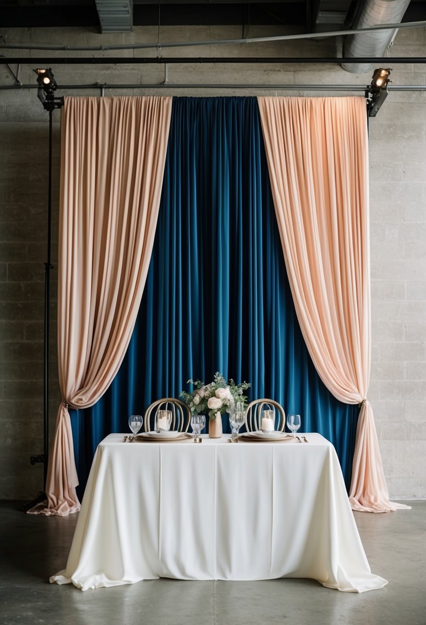 Draped fabric backdrops frame an industrial wedding table with chic decorations