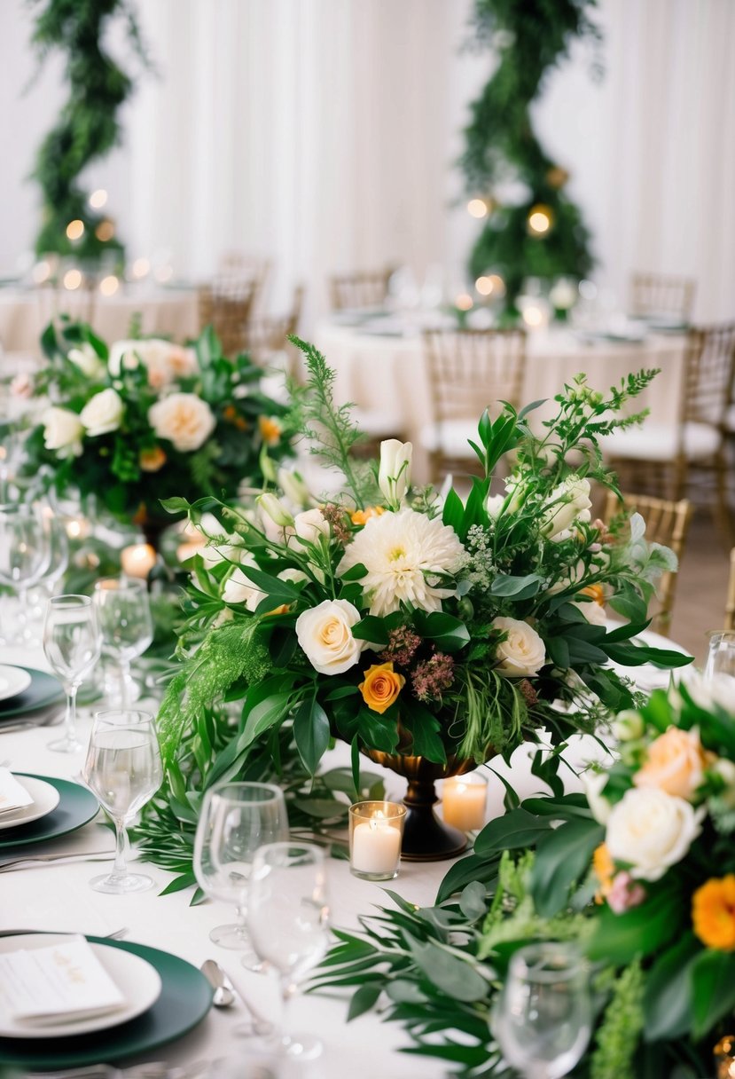 Lush floral centerpieces with flowing greenery adorn wedding tables