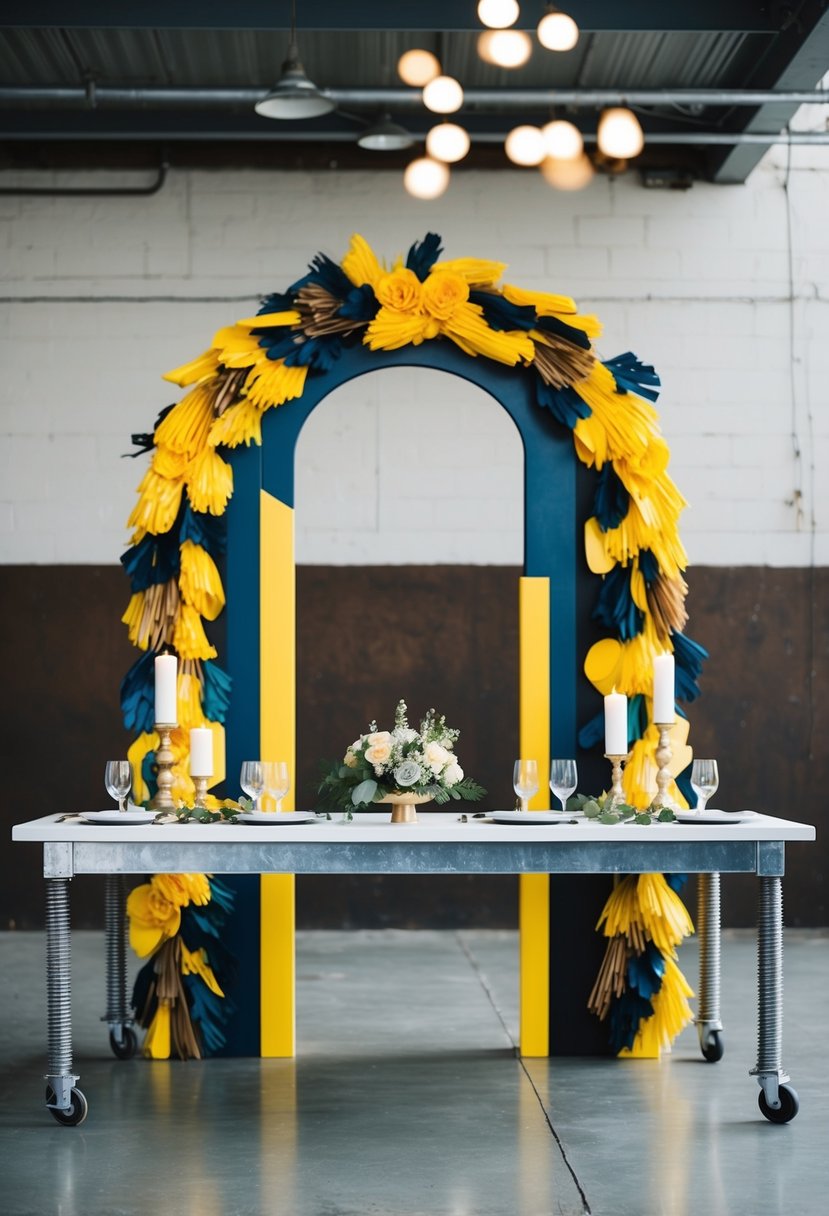 A wedding arch made of bold, mixed materials stands behind an industrial table adorned with unique decorations