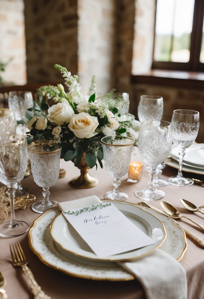 A table adorned with vintage glassware, delicate layers of decorative elements creating a romantic and timeless wedding setting