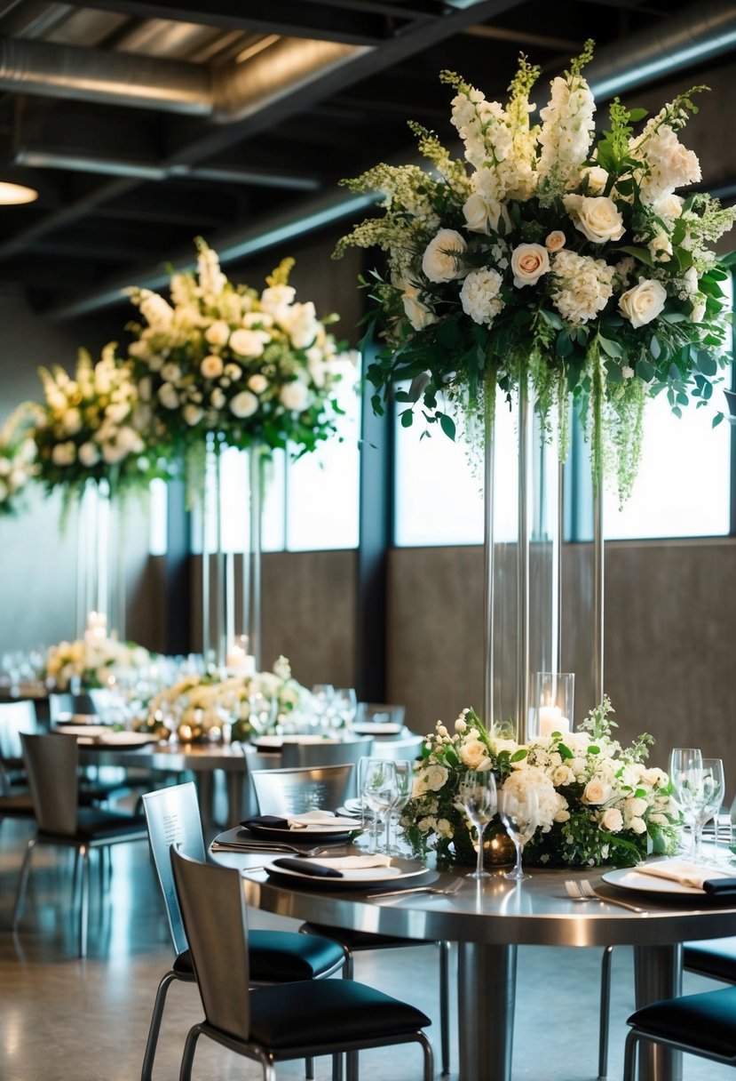 Tall floral centerpieces tower over sleek metal tables at an industrial wedding, creating a dramatic and elegant atmosphere