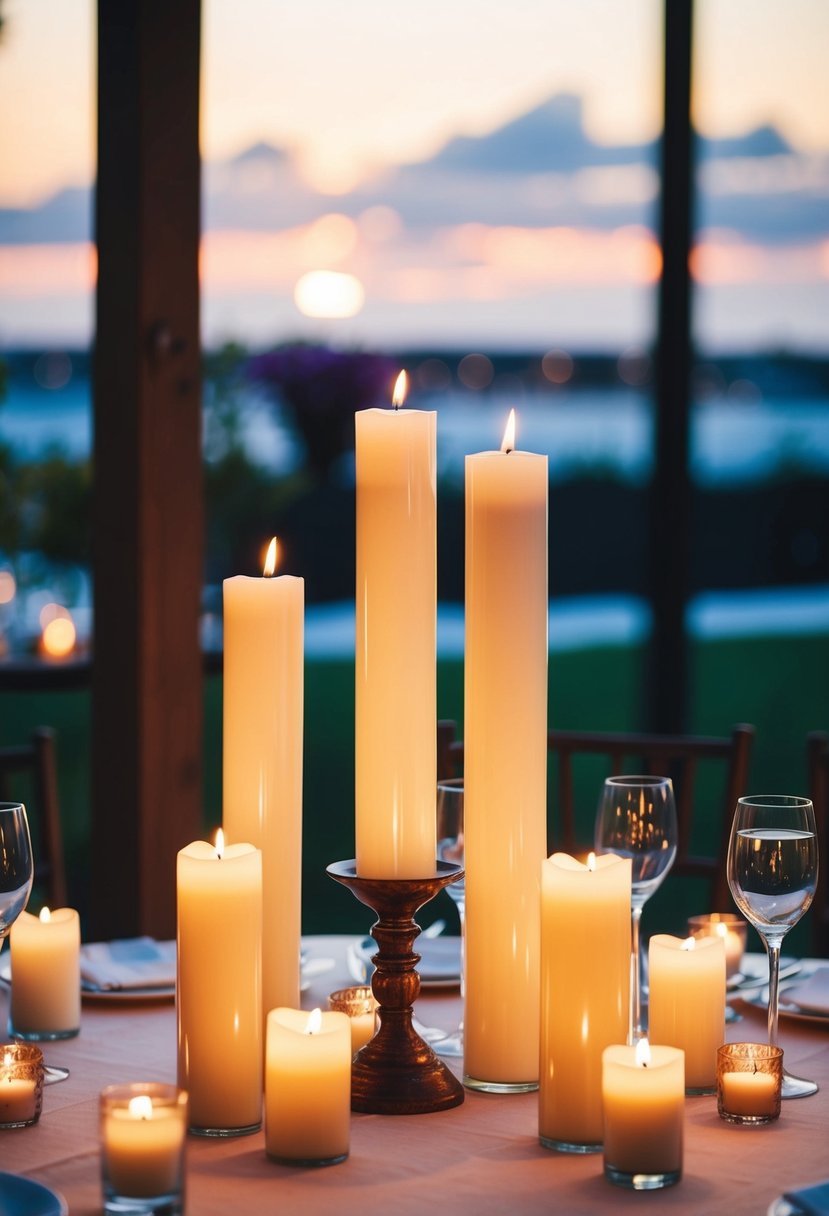 Candles of varied heights create a romantic ambiance on a layered wedding table