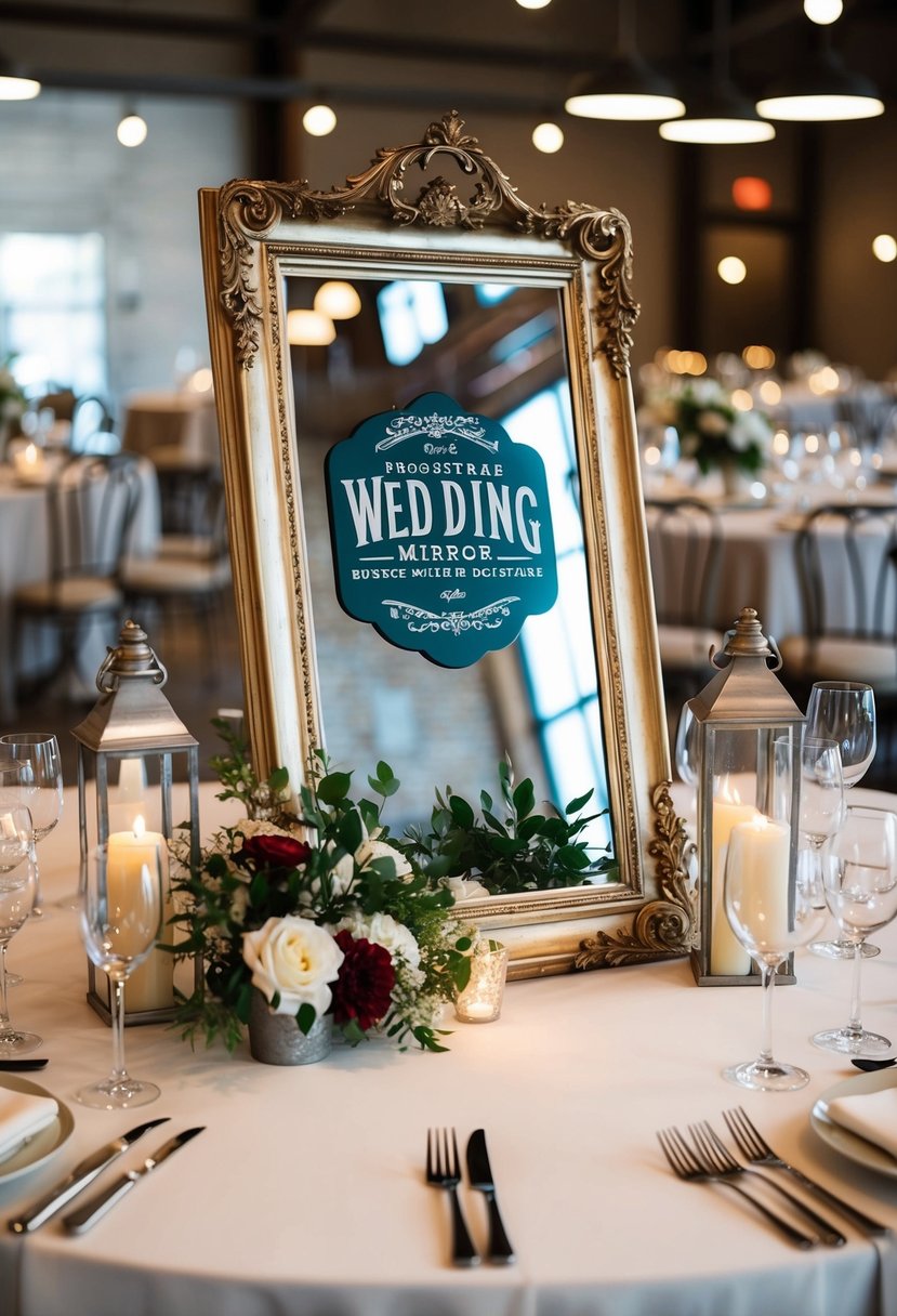 An ornate framed mirror signage surrounded by industrial wedding table decorations