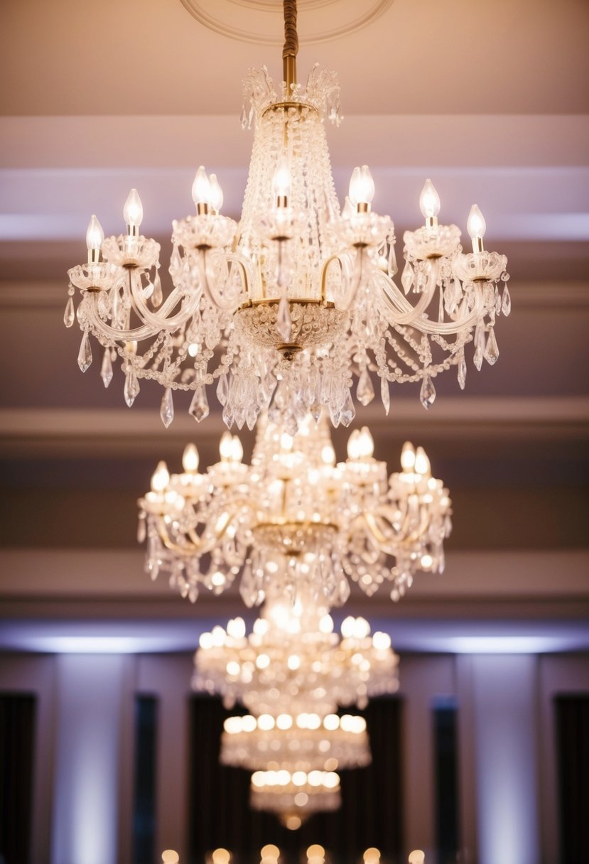 Glowing crystal chandeliers hang above elegant wedding table decorations