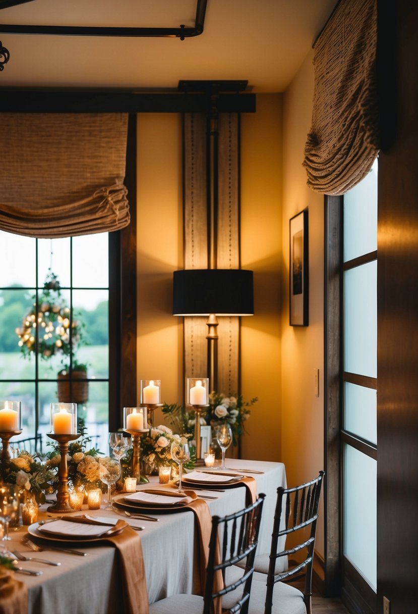 Warmly lit corners adorned with luxurious fabrics and rustic industrial table decor for a wedding