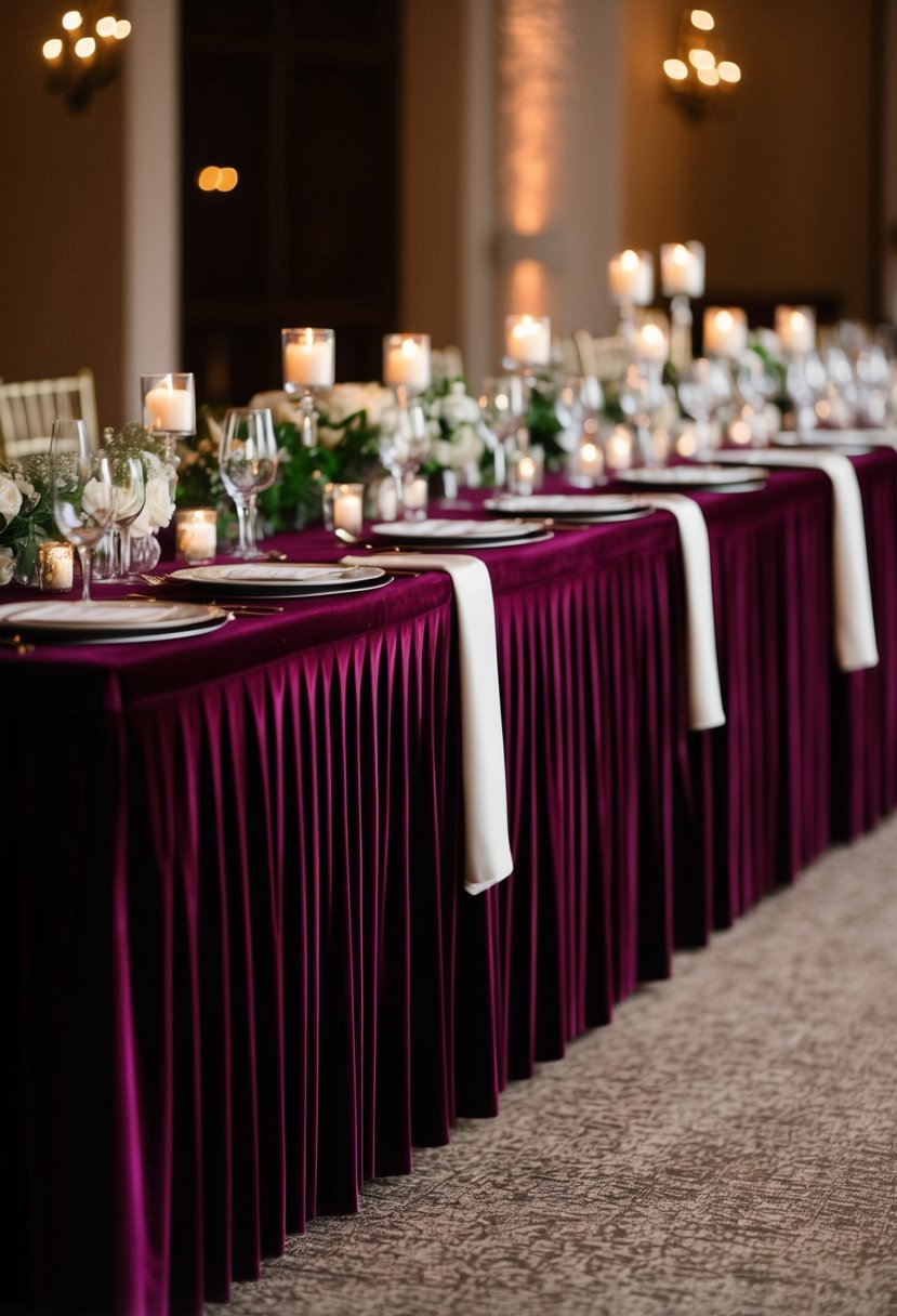 Rich velvet tablecloths drape over a long wedding table, adding a touch of elegance to the decor