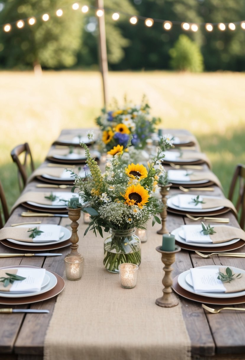 A rustic farmhouse wedding table adorned with wildflower centerpieces, burlap runners, and vintage candle holders