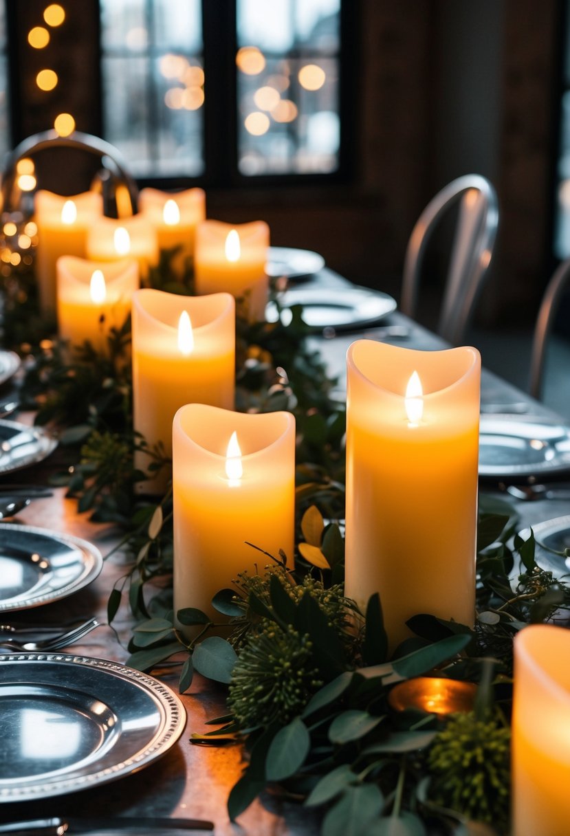 Flameless LED candles casting a warm glow on an industrial wedding table, surrounded by metallic decor and greenery