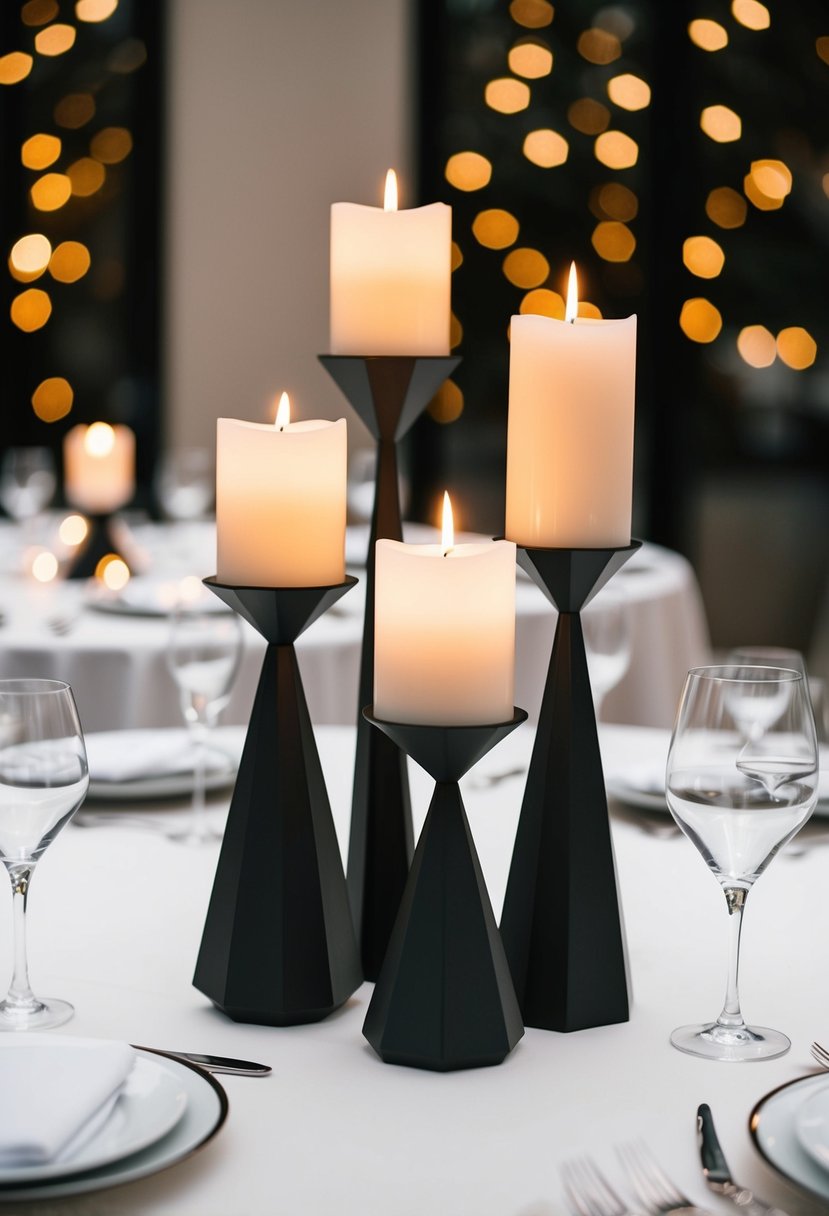 A sleek, modern table set with geometric candle holders in varying heights and shapes, creating a stylish and elegant wedding centerpiece