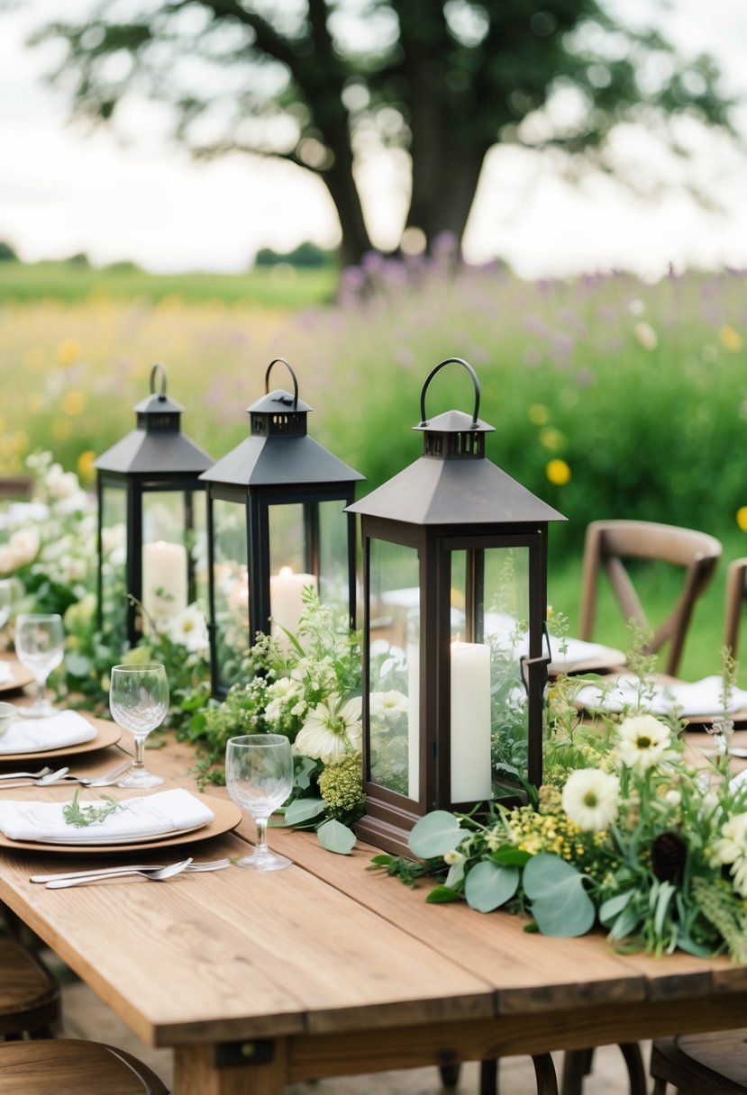 A rustic wooden table adorned with antique lantern centerpieces, surrounded by wildflowers and greenery, creating a charming farmhouse wedding atmosphere