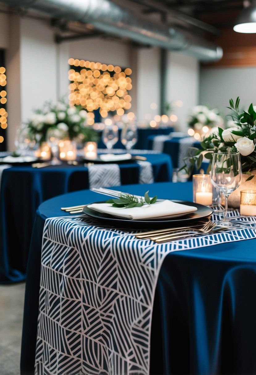 Geometric patterns adorn sleek table linens, set against modern industrial wedding decor