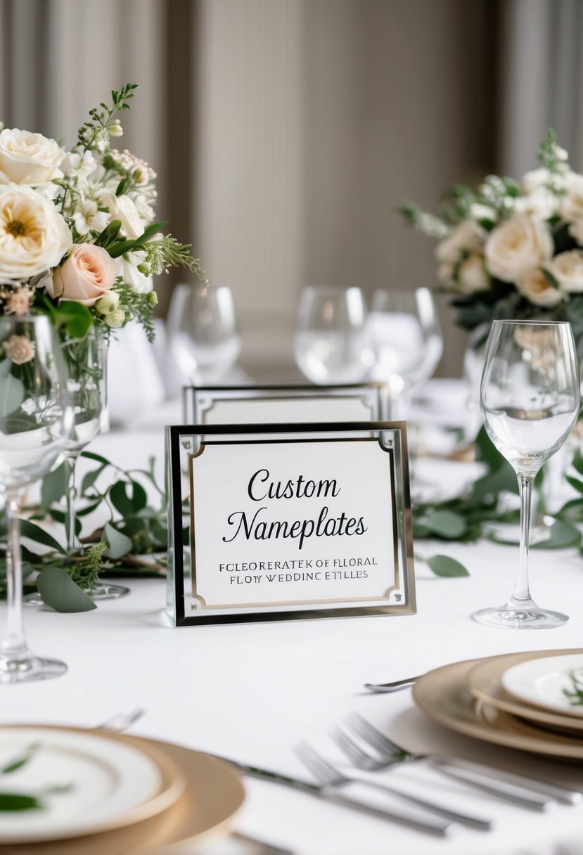 Custom nameplates arranged on elegant wedding tables, adorned with floral centerpieces and delicate place settings