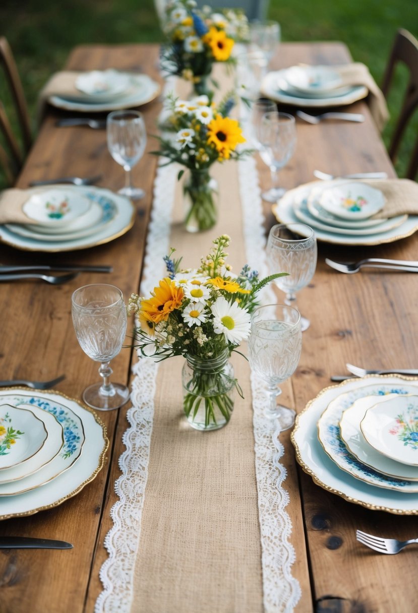 A rustic wooden table adorned with burlap and lace runners, set with vintage china and wildflower centerpieces