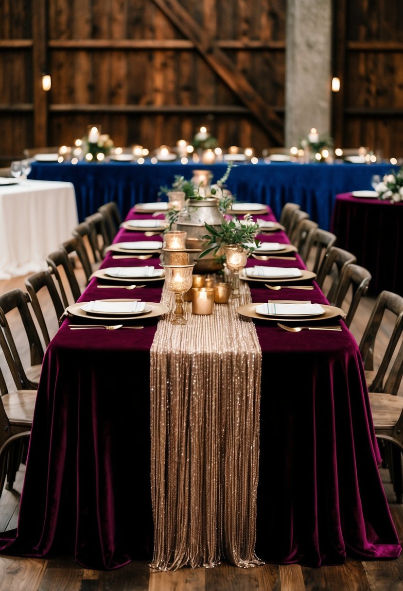 Velvet tablecloths drape over rustic wooden tables adorned with industrial-themed centerpieces. Rich textures and metallic accents create a unique wedding decor