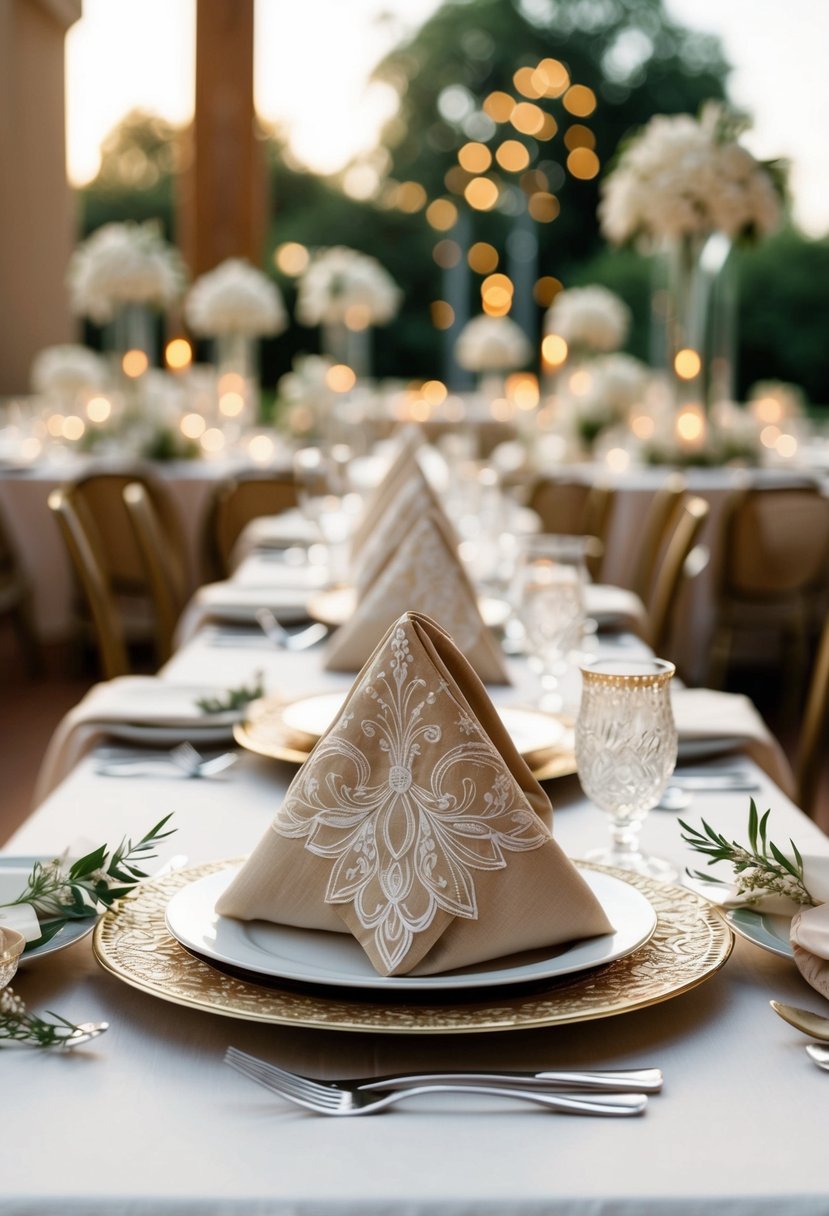 Napkins folded into intricate designs atop wedding tables, adorned with layers of delicate decorations