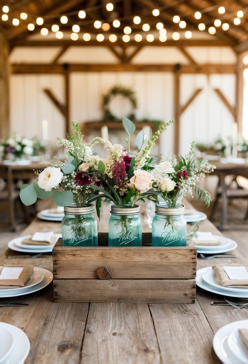 A rustic wooden table adorned with mason jar floral arrangements, set against a backdrop of a charming farmhouse wedding