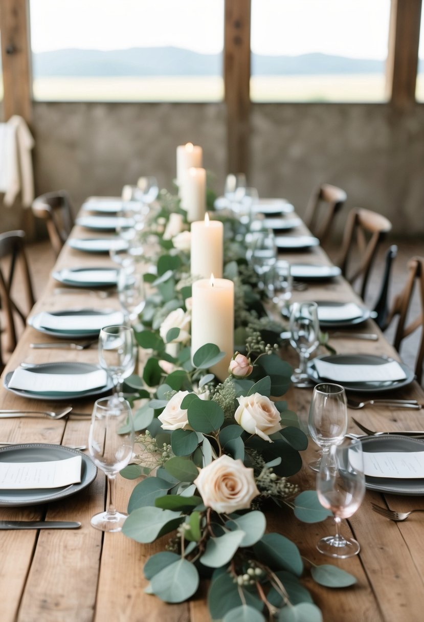 A rustic farmhouse table adorned with eucalyptus and rose garlands, creating a charming and elegant wedding centerpiece