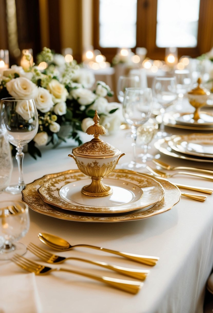 An opulent table set with ornate china and gold accents for a wedding celebration