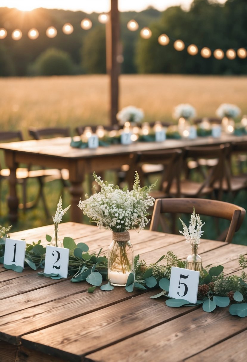 A rustic wooden table with numbered decorations for a farmhouse wedding