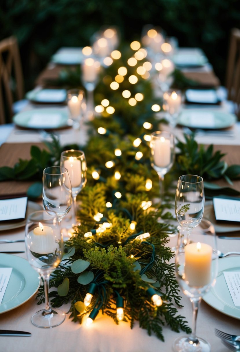 Miniature fairy lights woven through lush greenery on a wedding table