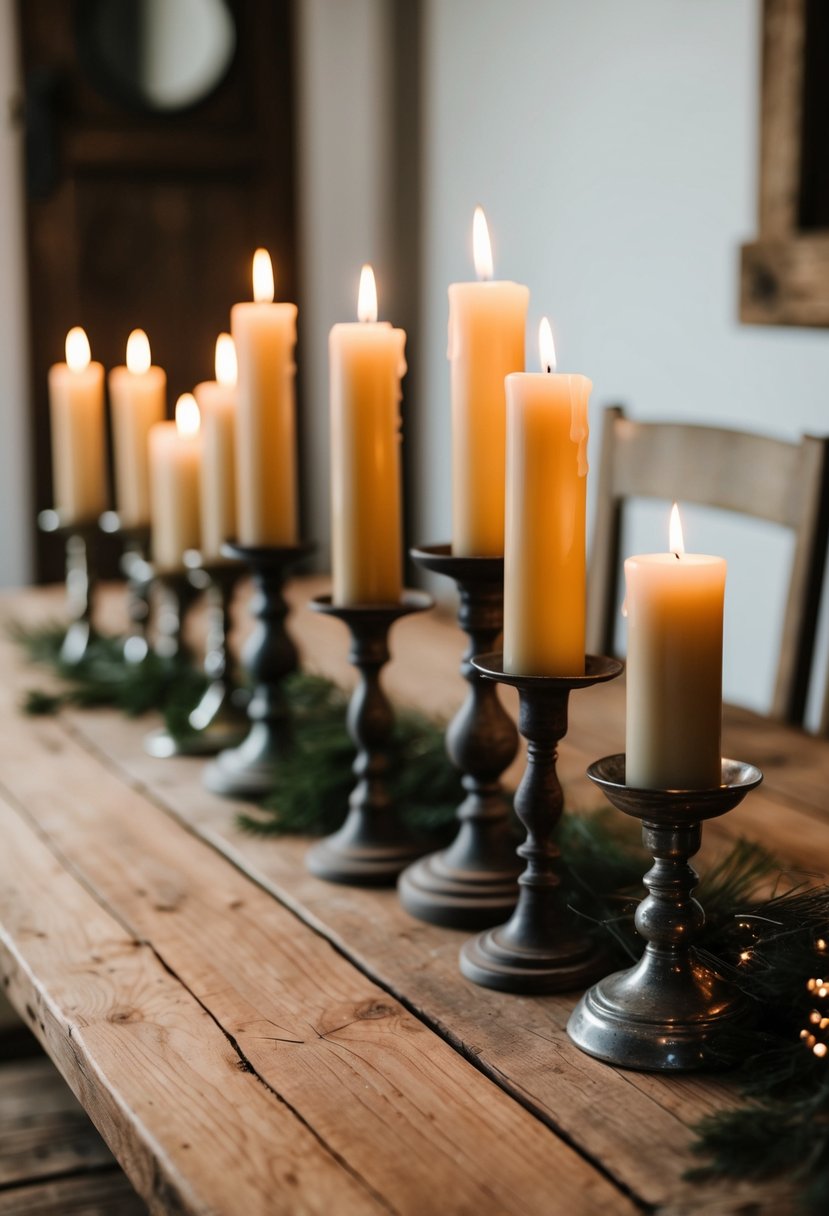 A rustic wooden farmhouse table adorned with vintage candlestick holders and flickering candles, creating a warm and romantic ambiance