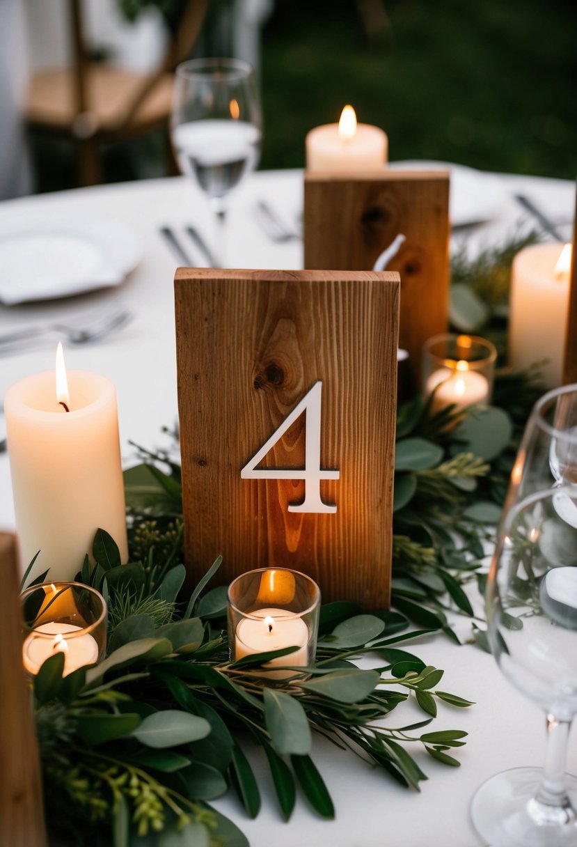 Rustic wooden table numbers arranged among greenery and candles for a wedding table centerpiece