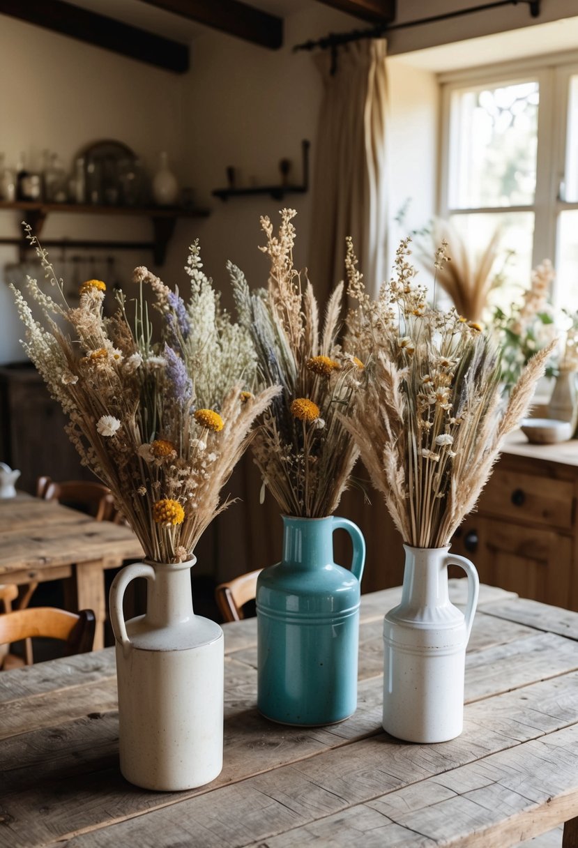 A rustic wooden table adorned with dried wildflower bouquets in vintage vases, set against a backdrop of a charming farmhouse interior