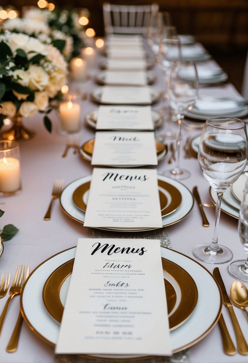 Personalized menus rest on elegant place settings among layered table decorations for a wedding celebration