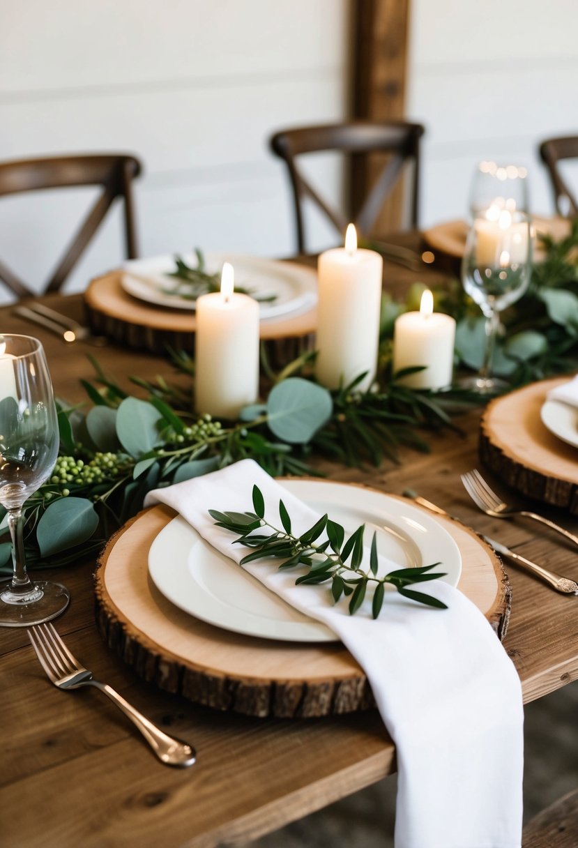 Rustic wood slice chargers adorn a farmhouse wedding table, paired with simple greenery and white candles