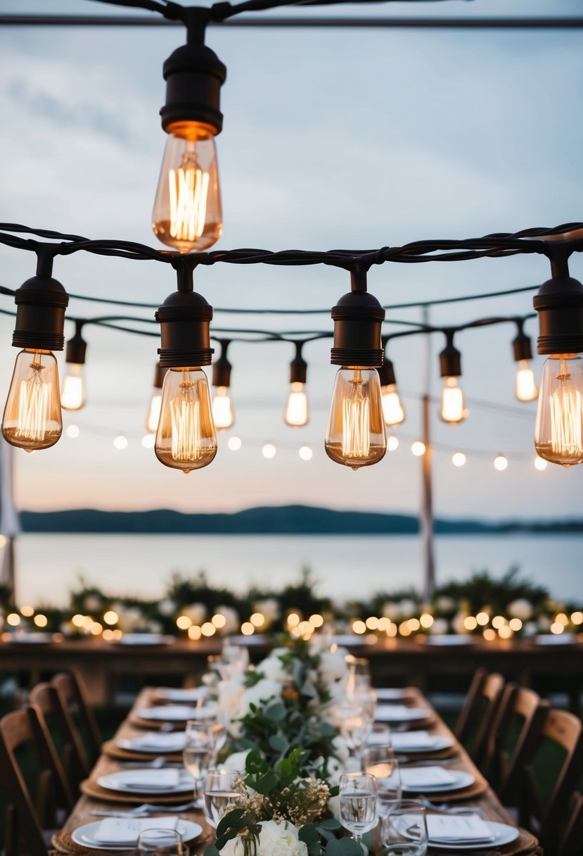 Edison bulb string lights hang above a rustic wedding table adorned with layered decorations