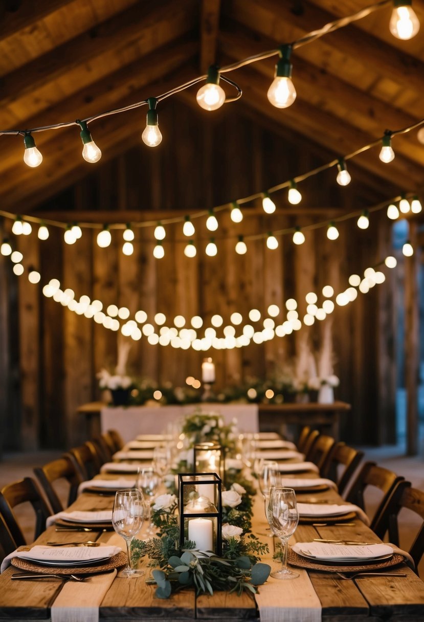 Overhead, string lights illuminate a rustic farmhouse wedding table, casting a warm and romantic glow over the charming decorations