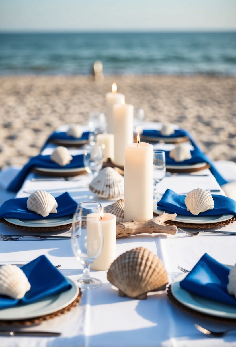 A beach wedding table with seashell centerpieces, driftwood candle holders, and blue and white linens